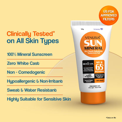 Dr. Reddy's Venusia Mineral Sunscreen SPF 65 | Full Spectrum Protection - UVA, UVB, Blue Light, Visible Light | Dermatologist Recommended | For Anti-pigmentation | Sun Damage Repair | Suitable for All Skin Types | 50g