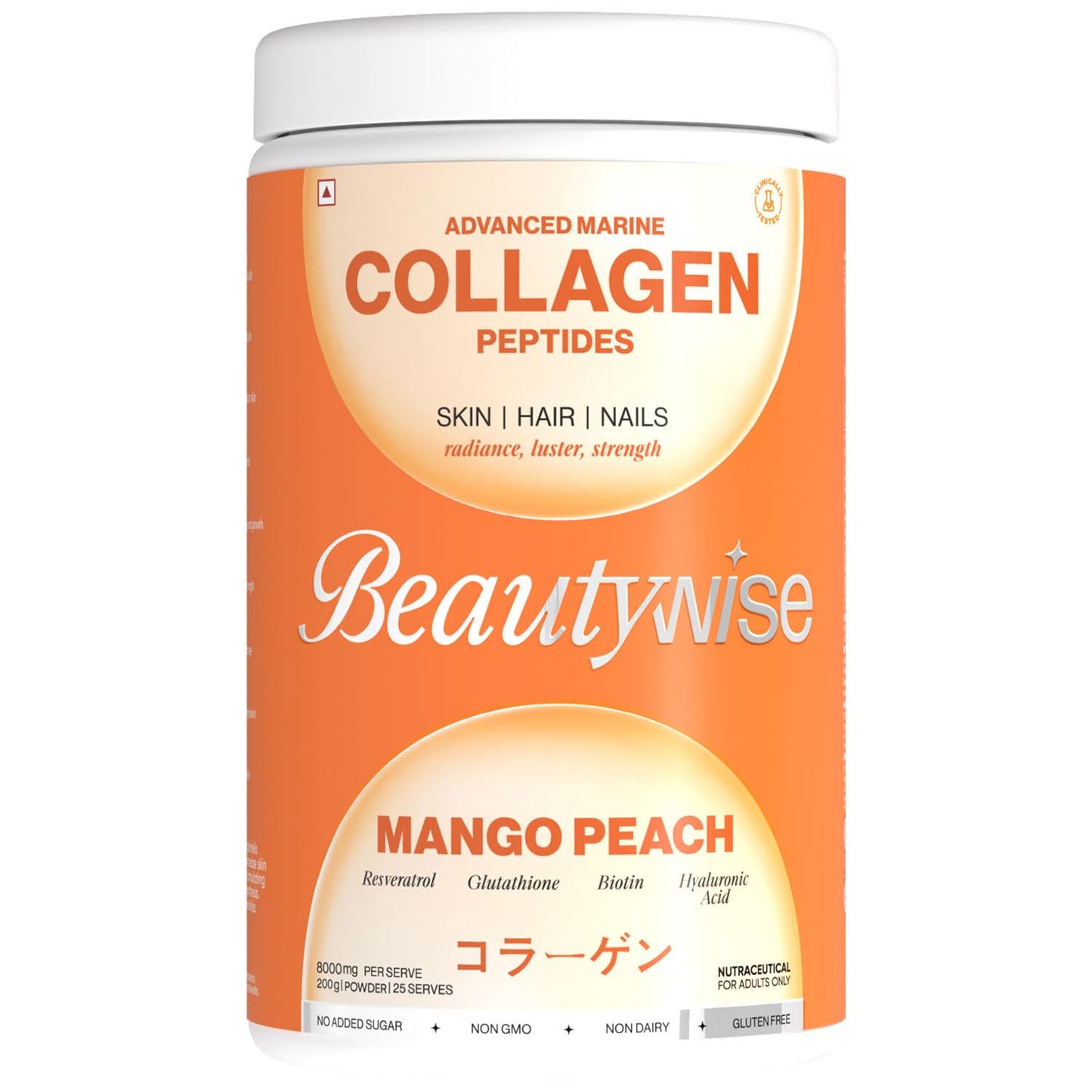 Beautywise collagen peptides container with mango peach flavor on an orange background