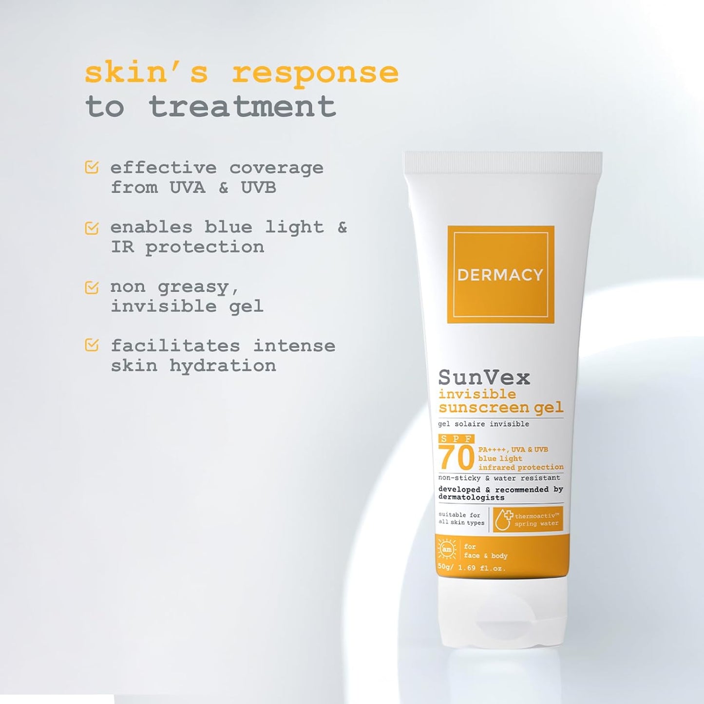 Dermacy Sunvex Invisible Sunscreen Gel | SPF 70 PA++++ | Non - Sticky, Effective Sun Protection | Suitable For All Skin Types | For Women and Men | 50g