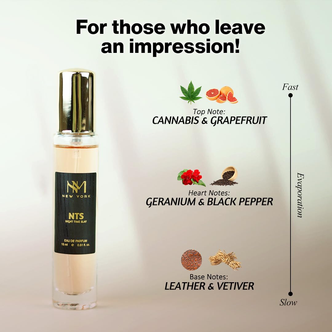 Perfume bottle with fragrance notes and branding on a light background