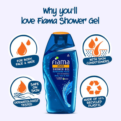 Fiama Men Refreshing Pulse Shower Gel, with skin conditioners & sea minerals for soft & refreshed skin, 250ml bottle