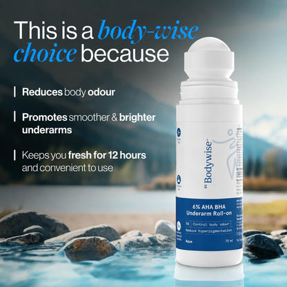 Be Bodywise 6% AHA BHA Underarm Roll On 75ml | 4% Lactic Acid, 1% Mandelic Acid, 1% Salicylic Acid | Controls Odour & Reduces Pigmentation for even tone skin | 0% Alcohol & 0% Aluminium | Aqua Fragrance