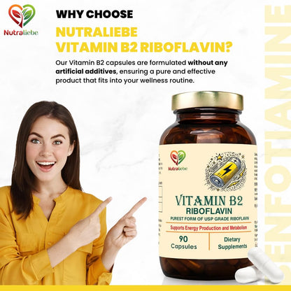 Nutraliebe Vitamin B2 Riboflavin - High Potency, Supports Energy Metabolism & Cellular Health, 90 Capsules