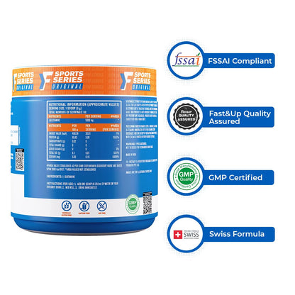 Supplement container with certification logos on a white background