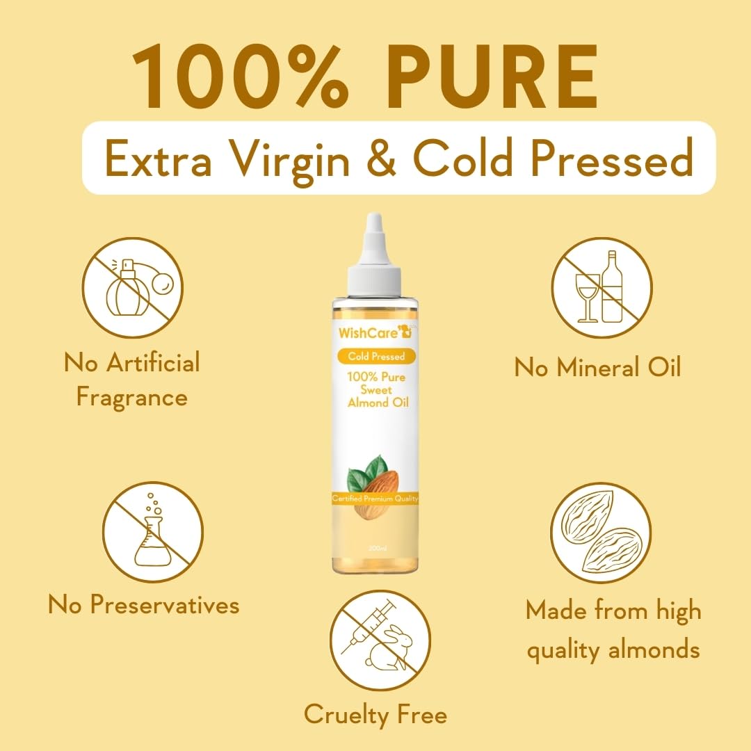 Bottle of 100% pure extra virgin cold pressed almond oil with icons and text on a yellow background