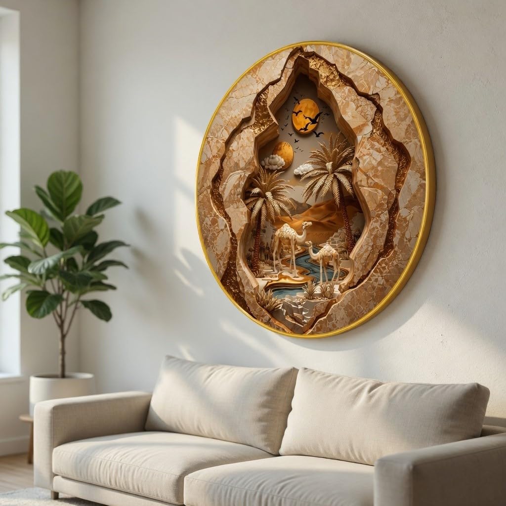 Desert Camel Landscape Wall Painting Round PVC Golden Frame 3D Cave Style Art Sunset Nature Design for Living Room Bedroom Office Home Wall Decor (20 x 20 Inch) GRL-403