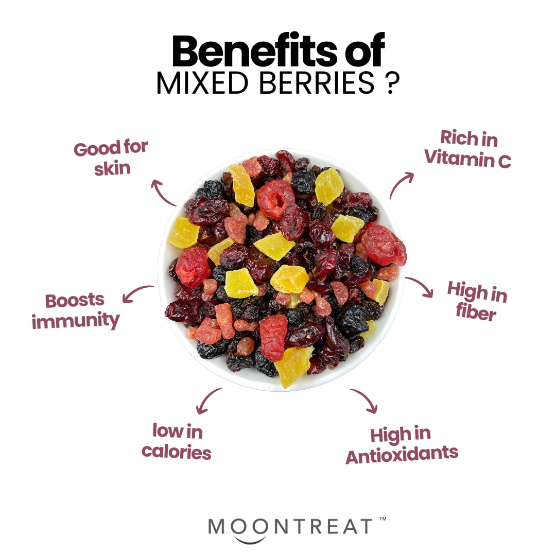Moontreat Premium Mixed Berries, Unsalted, 360 gm (Dried Blueberry, Cranberry, Black Currant, Strawberry, Cherry, Mango, Raisin) | Dried Berries | Antioxidant Rich | Healthy Snack for Kids and Adults