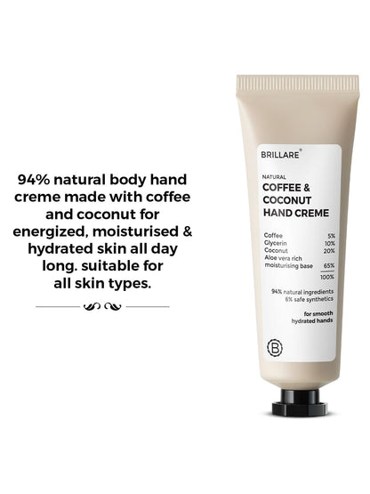 Brillare Coffee & Coconut Hand Cream with Glycerin & Aloe Vera for Dry Hands, Deep Moisturizing Hand Cream