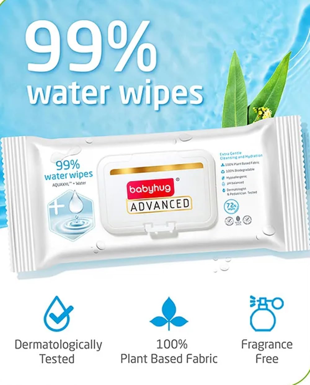 Babyhug Advanced 99% Water Unscented Baby Wipes 72 Pieces, 100% Plant Based Fabric, Biodegradable, Fragrance Free, Hypoallergenic