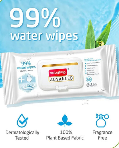 Babyhug Advanced 99% Water Unscented Baby Wipes 72 Pieces, 100% Plant Based Fabric, Biodegradable, Fragrance Free, Hypoallergenic