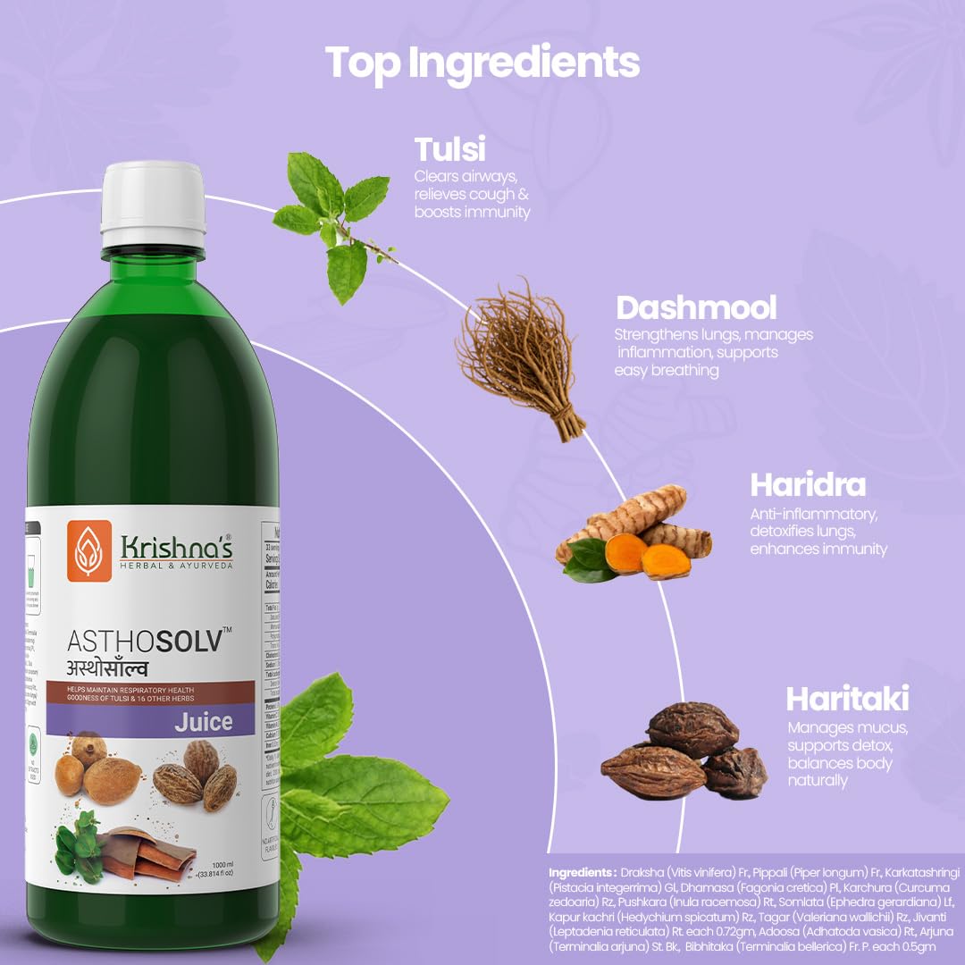 Krishna's Asthosolv Juice - Goodness of Tulsi and 16 other Herbs - Help Maintain Respiratory Health - 1000 ml