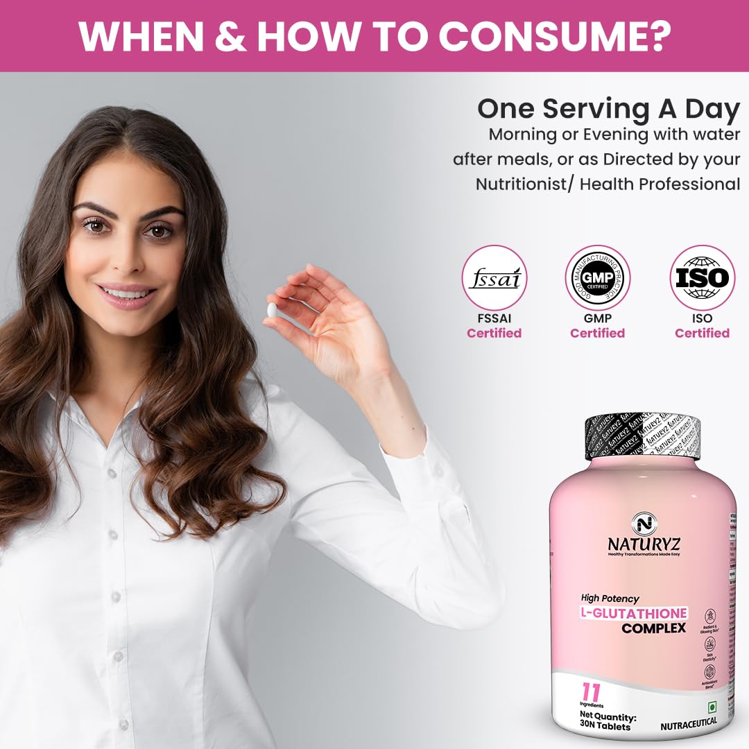 Woman holding a bottle of NaturaZ L-Glutathione Complex with certification logos on a gray background.