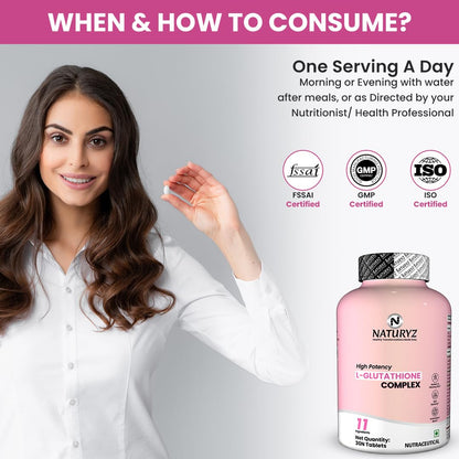 Woman holding a bottle of NaturaZ L-Glutathione Complex with certification logos on a gray background.