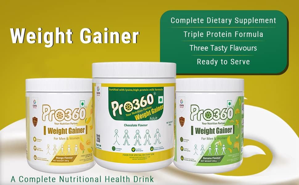 Pro360 Weight Gainer High Protein Powder - Calorie Rich Complete Nutritional Supplement - Triple Protein Source with 25 Vital Nutrients for Men & Women - 250G (Mango)