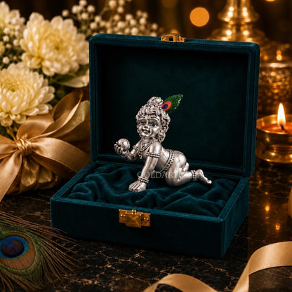 Gold Art India 999 Silver Plated Bal Krishna Idol (3.3 Inch) | Antique Matte Laddu Gopal Murti | Premium Peacock Green Velvet Gift Box | Krishna Idol for Home Temple, Office Decor & Spiritual Gifting