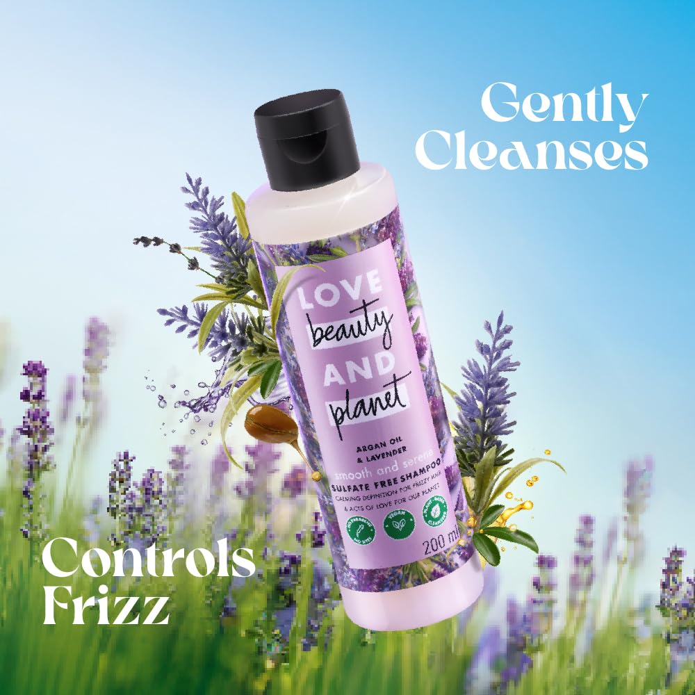 Shampoo bottle with lavender flowers and grass on a blue background