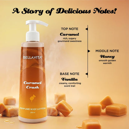 Bellavita Caramel Crush perfume body lotion with caramel pieces on a beige background
