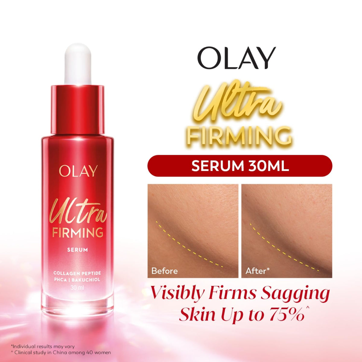 Olay Ultra Firming Serum bottle with before and after skin comparison on a white background