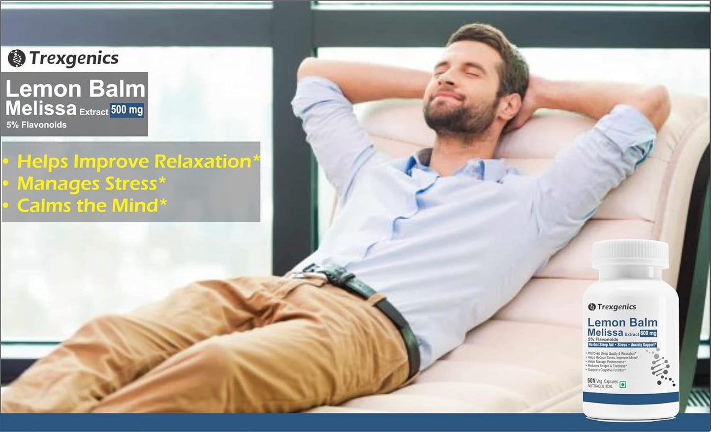 Trexgenics LEMON BALM 5% Flavonoids 500 mg Sleep, Relaxation, Mood Support VEGAN & NON-GMO (60 Veg. Capsules) (Pack of 1)