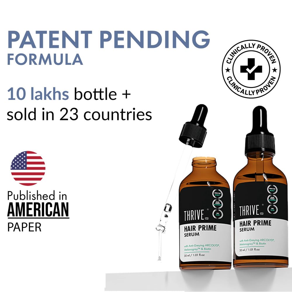 Two bottles of Thrive Hair Prime Serum with text about patent pending formula, sales figures, and publication details.