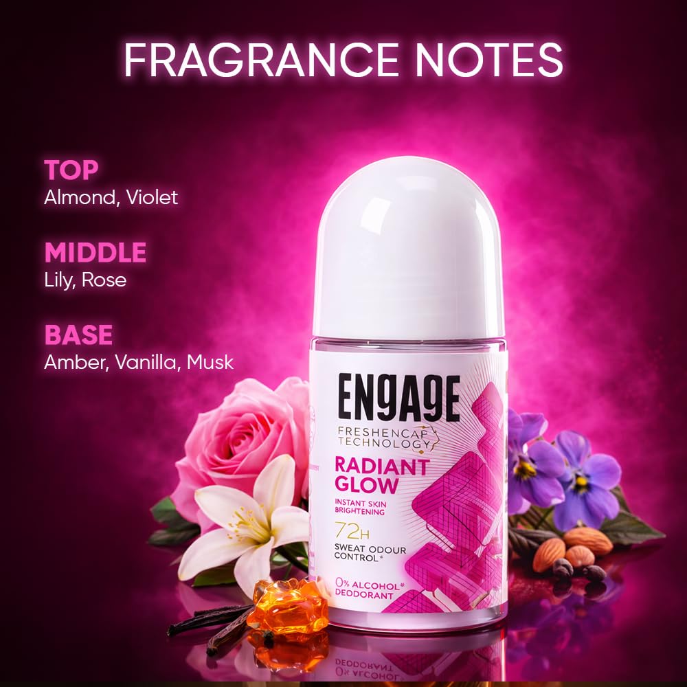 Engage Radiant Glow Underarm Roll On for Women |Instant Skin Brightening Deodorant|72 Hour Sweat & Odour Protection|Advanced Antiperspirant Formula|FreshEncap Technology| 0% Alcohol|Non Sticky|50ml