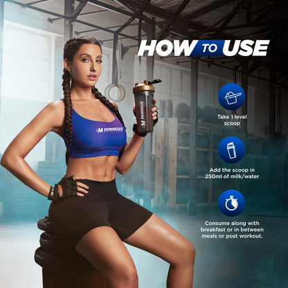 Woman in athletic wear holding a protein shaker with text on how to use it in a gym setting.