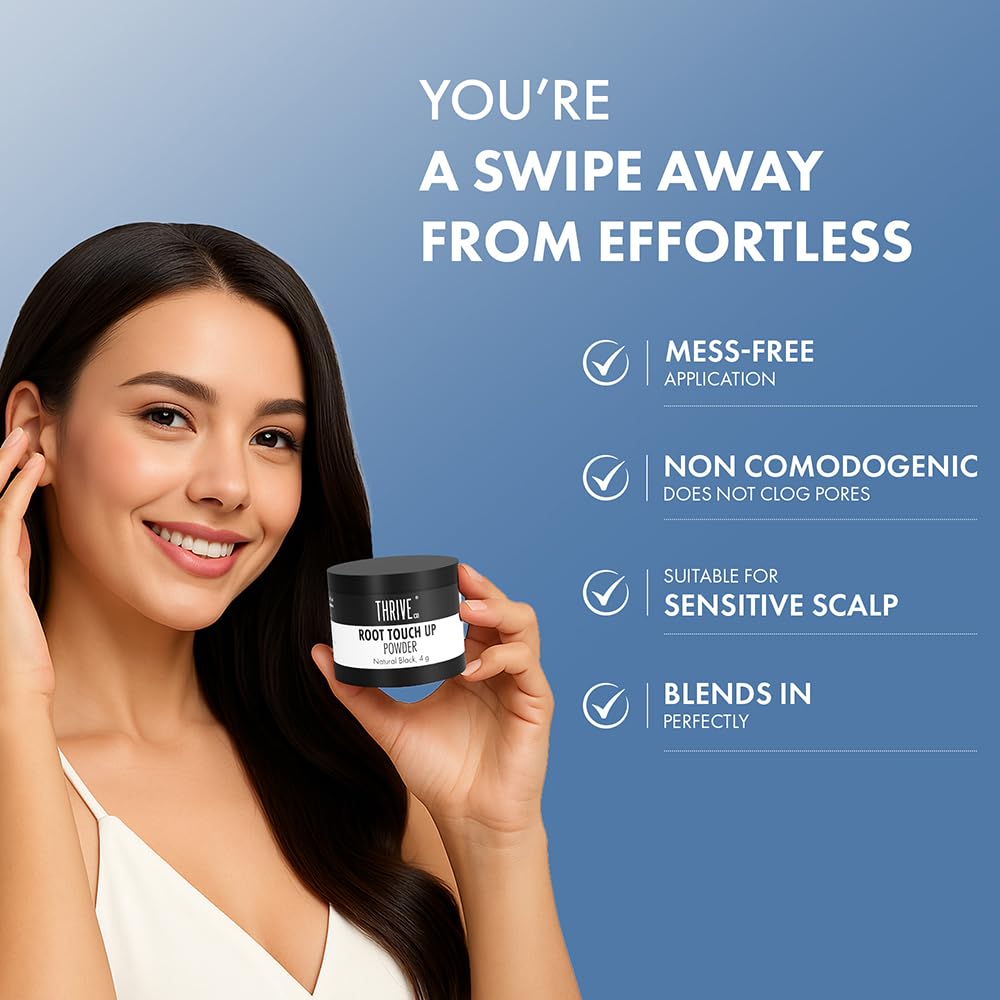 Woman holding a jar of hair product with promotional text on a blue background