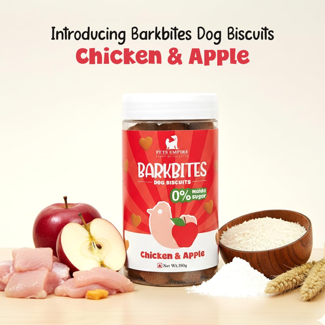 PETS EMPIRE BARKBITES Chicken & Apple Biscuit Jar for Dogs 350g – Healthy Dog Treats with No Maida, No Sugar, No Salt – Nutritious & Crunchy Biscuits for Training and Rewards