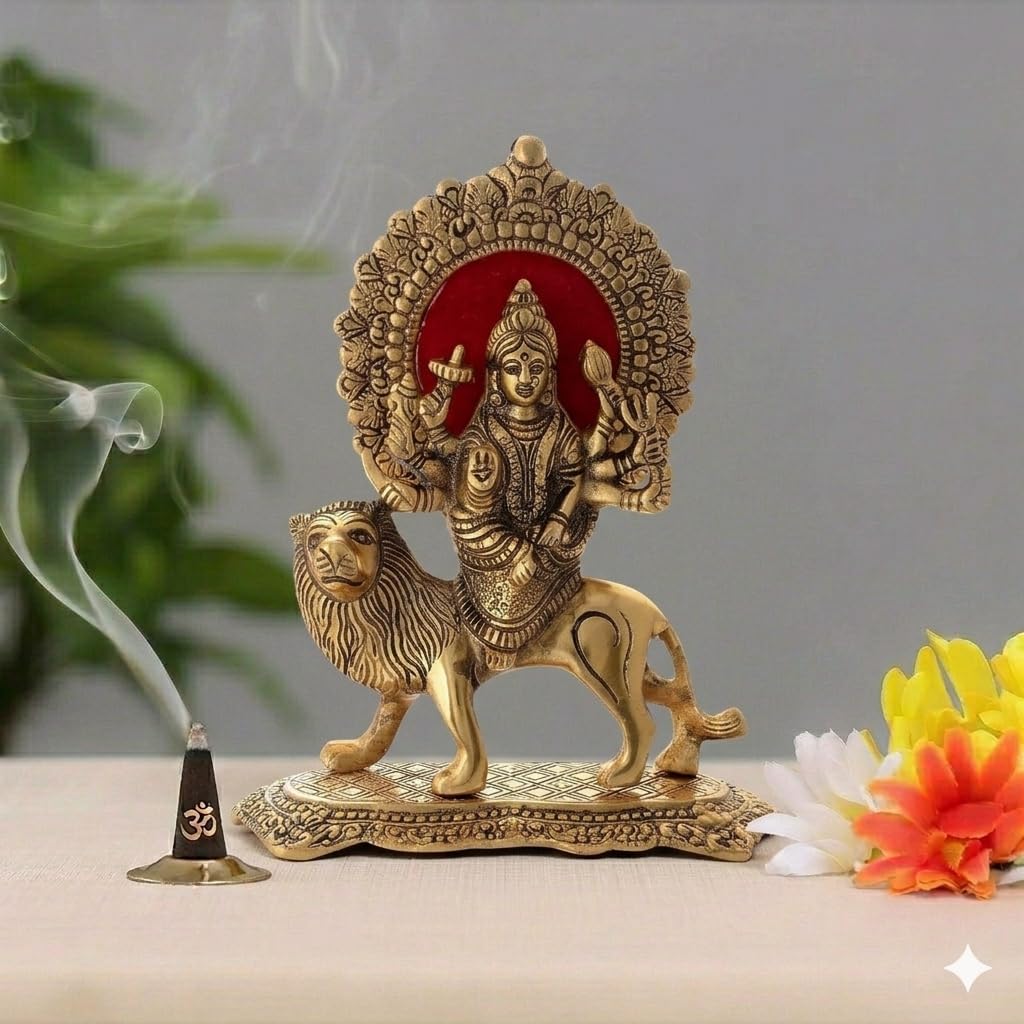 Handcrafted Brass Maa Durga Statue on Lion - Golden Finish Sherawali MATA Idol for Home Mandir, Navratri Pooja Decor & Gifting