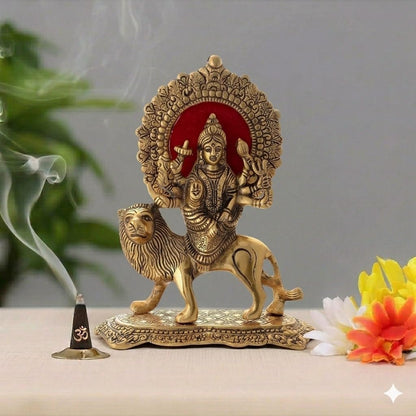 Handcrafted Brass Maa Durga Statue on Lion - Golden Finish Sherawali MATA Idol for Home Mandir, Navratri Pooja Decor & Gifting