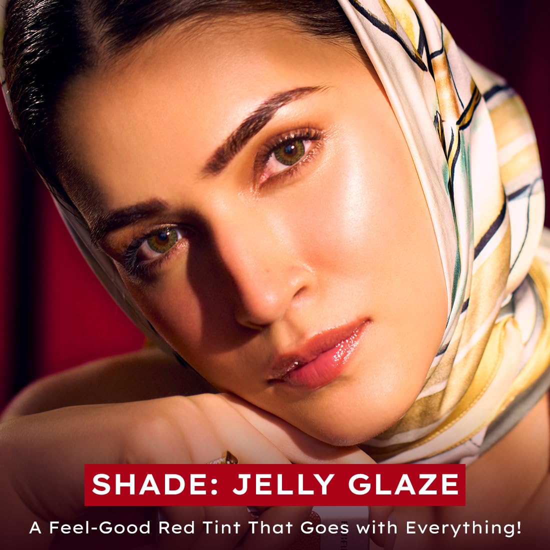 Woman wearing a colorful headscarf with text about a 'Jelly Glaze' shade.