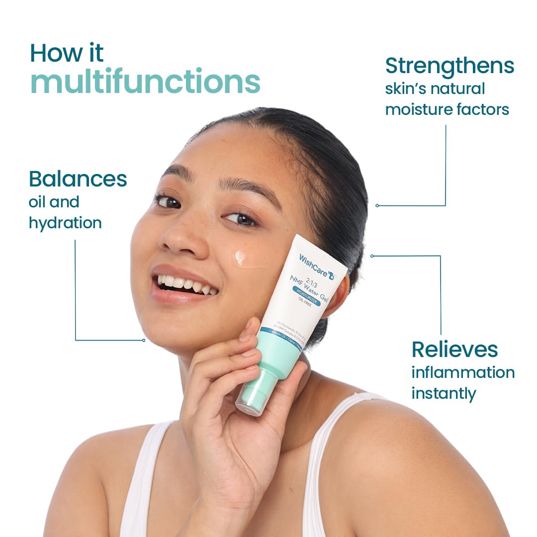 Woman holding a skincare product with text on multifunctional benefits on a white background