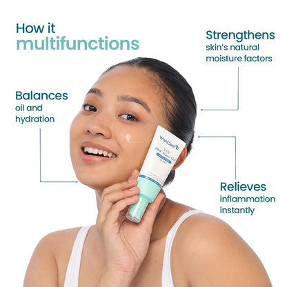 Woman holding a skincare product with text on multifunctional benefits on a white background