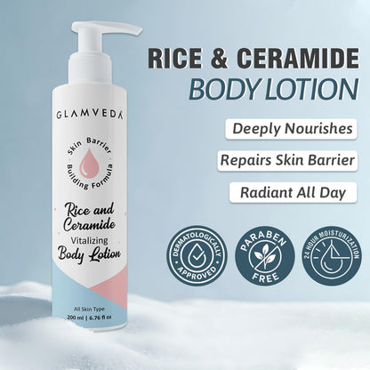 Glamveda Rice & Ceramide Glass Skin Body Lotion Moisturizer 200ml | 24Hr Hydrating Deep Nourishment Moisture for Dry Skin | Non Greasy, Lightweight | For Glowing, Soft, Radiant & Repair Skin Barrier