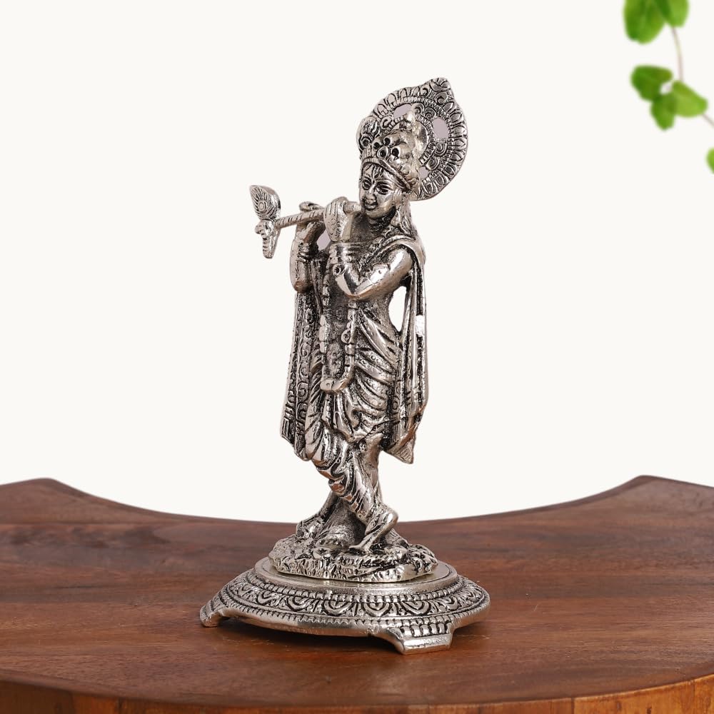 Silver Plated Krishna Playing Flute Idol – Standing Pose Statue for Mandir, Pooja & Home Decor Showpiece
