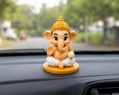 VASPAR Baby Ganesha Idol Cute Ganpati Figurine with modak Hindu God Statue for Car Dashboard, Pooja Room & Home Decor | Premium Finish Spiritual Gift Golden & White