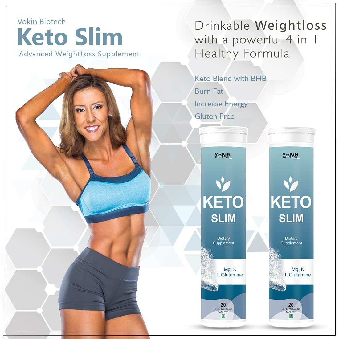 Advertisement for Vokin Biotech Keto Slim supplement with a woman posing in front of the product packaging.