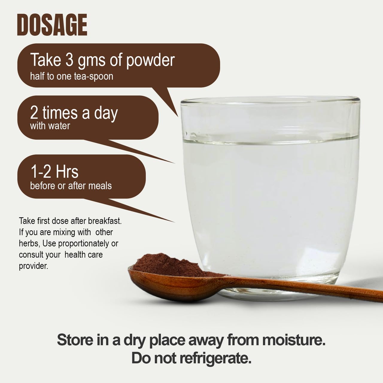 Glass of water with a spoonful of powder and dosage instructions on a white background