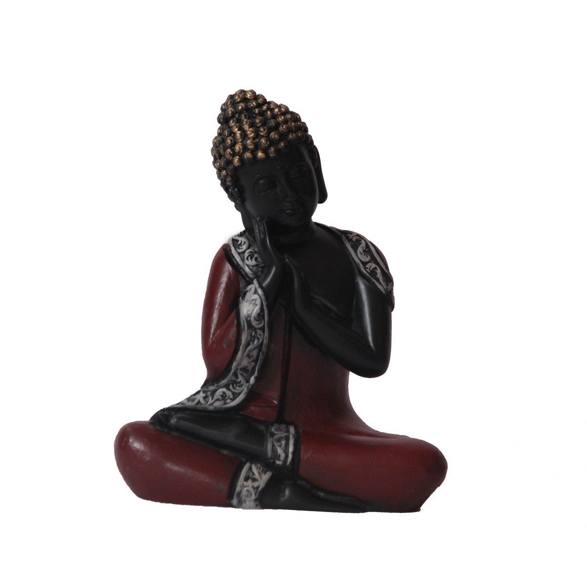 Antique Finish Handcrafted Thinking Buddha Polyresin Statue (12.5 cm x 7.5 cm x 16.25 cm, Red and Black)