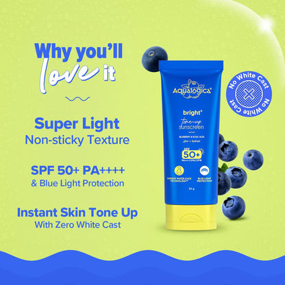 Aqualogica Bright+ Tone Up Sunscreen | Broad Spectrum SPF 50+ PA++++ with Kojic Acid & Blueberry | UVA/B & Blue Light Protection | Instantly Brightens | Lightweight, Non-Greasy, No White Cast | All Skin Types | Fragrance-Free | 50g