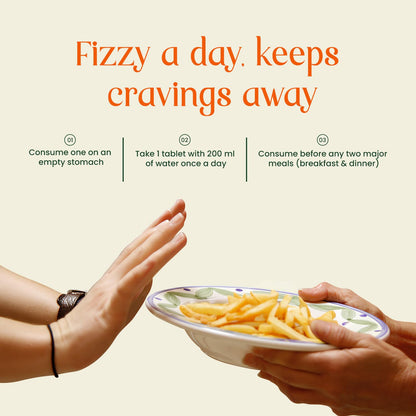 Person holding a plate of fries with text about a product's effects on cravings.