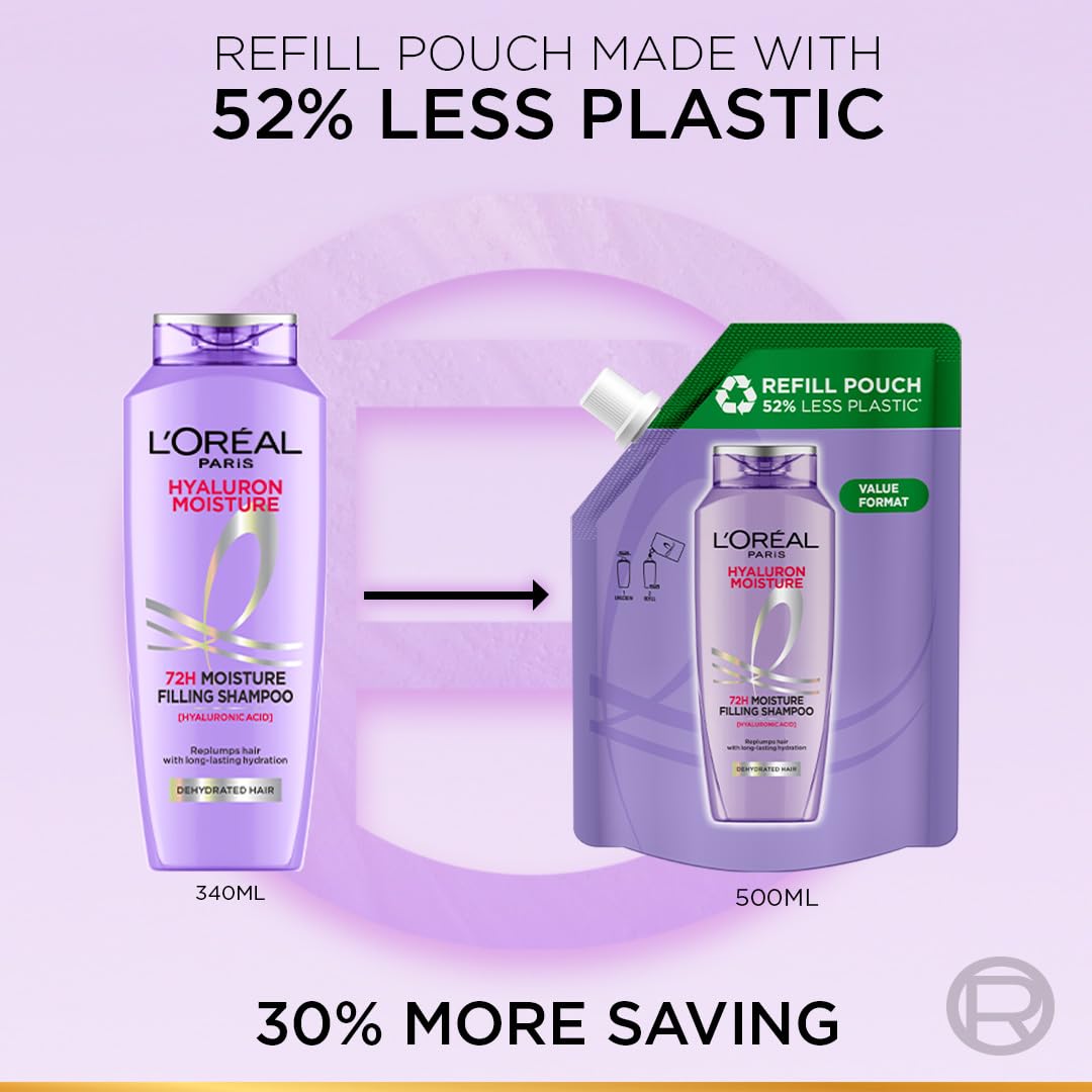 L'Oreal Hyaluron Moisture shampoo bottle and refill pouch on a purple background with text about plastic reduction.