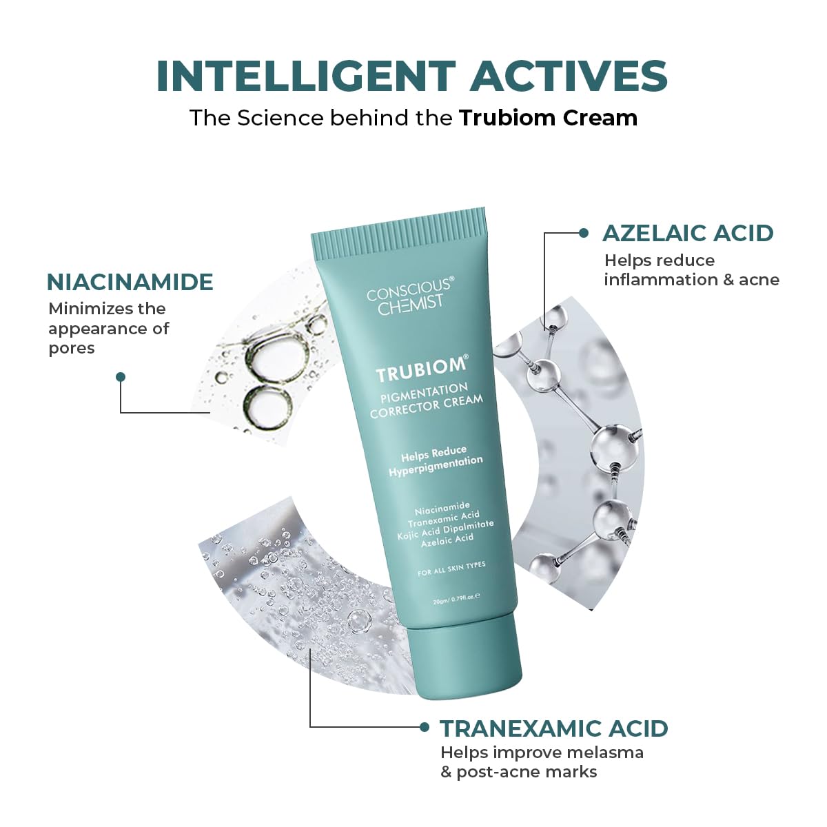 Trubiom cream tube with scientific benefits on a white background