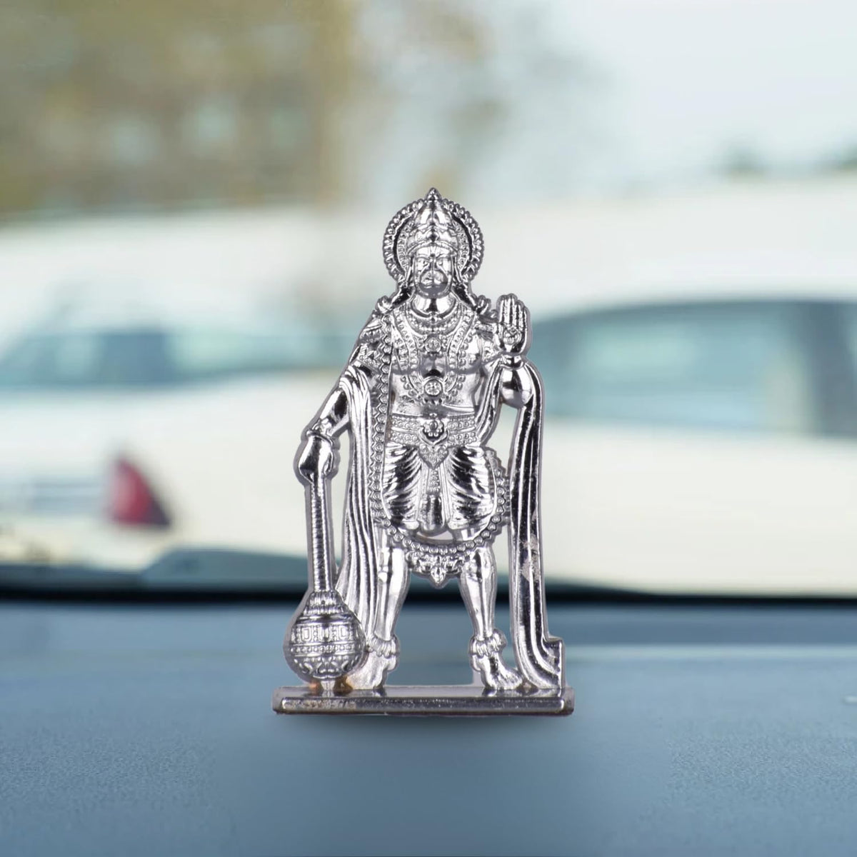 Jay Hanuman Standing Pose with Gada Idol for Car Dashboard – Silver Finish Bajrangbali Murti Devotional Gift for Temple, Car & Office (S952-SLVR)