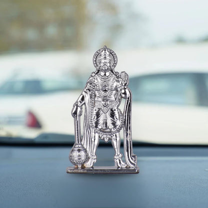 Jay Hanuman Standing Pose with Gada Idol for Car Dashboard – Silver Finish Bajrangbali Murti Devotional Gift for Temple, Car & Office (S952-SLVR)