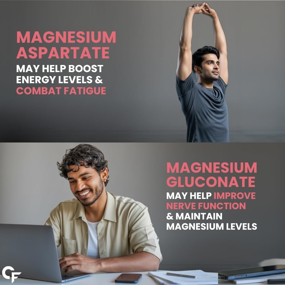 Two images showing a person stretching and another working on a laptop with text about magnesium supplements.