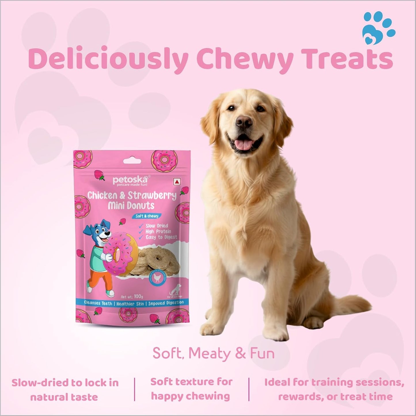 Petoska Chicken & Strawberry Sticks- 100gms | Healthy Dog Treats | Real Chicken & Strawberry | Soft, Chewy & Nutritious | Snacks for Dogs & Puppies