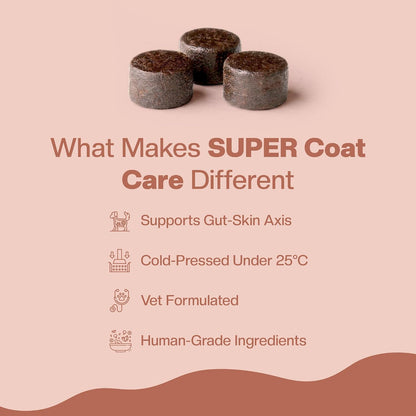 BLEP Super Coat Care - Dog Skin & Supplement, Itchy Skin, Shedding, Dull Coat & Paw Licking | Omega 3, Biotin & Collagen | Fish Oil, Borage Oil & Probiotics | Chicken Chews, 60 g