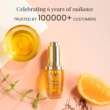 Skincare product with oil and orange on a pink background, celebrating 6 years of radiance and trust by 100,000+ customers.