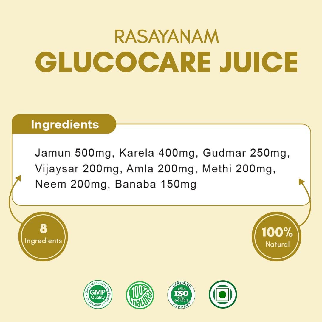 Rasayanam Glucocare Juice label with ingredients list on a beige background
